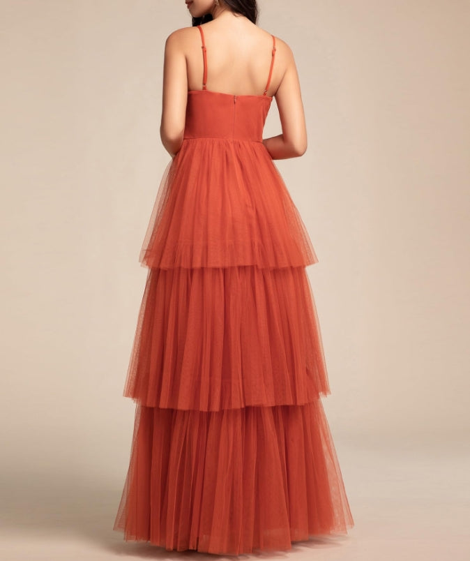 Burnt Orange Women's Sexy V Neck Spaghetti Straps Empire Waist Pleated Layered Tulle Prom Dresses